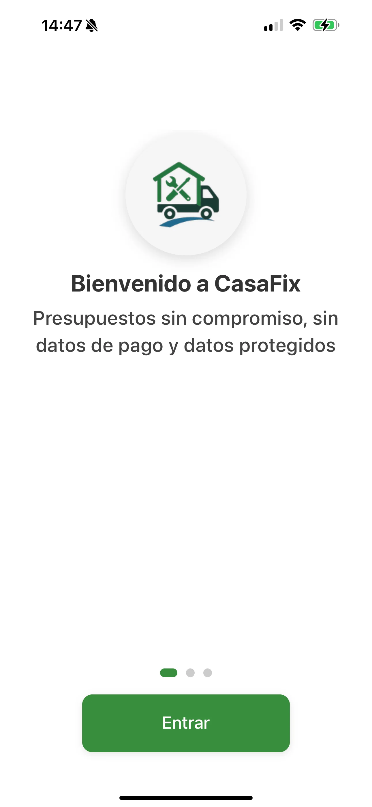 Captura de pantalla de la app casafix.io - Pantalla principal